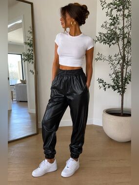 Sayaka Davis Black Faux Leather Jogger Pants Smocked Elastic Waist Cuffed Ankle.